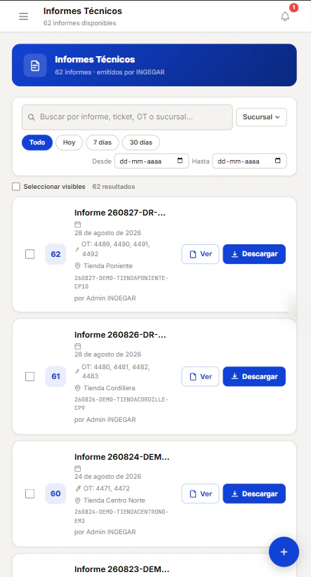 Lista de informes técnicos en el teléfono: buscador por informe, ticket, OT o sucursal, filtros por período y, en cada informe, sus órdenes de trabajo, sucursal y botones Ver y Descargar.