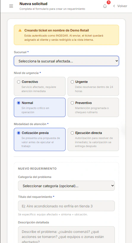 Formulario Nueva solicitud en el teléfono: sucursal afectada, nivel de urgencia (correctivo, urgente, normal, preventivo) y modalidad de atención (cotización previa o ejecución directa).
