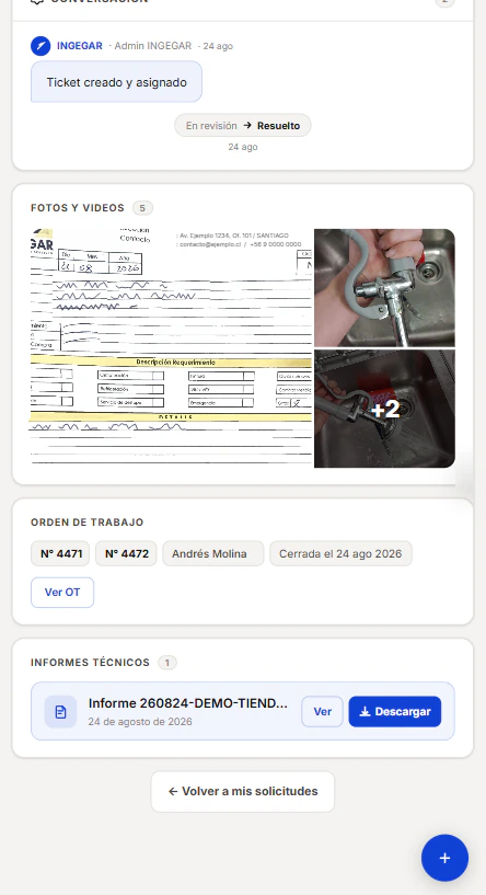 Continuación del detalle de la solicitud: fotos y videos de la visita, órdenes de trabajo con su número y un informe técnico listo para ver o descargar.
